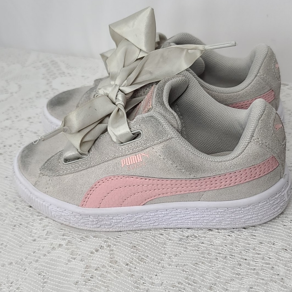 Puma girls suede ribbon lace gray pink shoes 11.5 - Picture 4 of 7